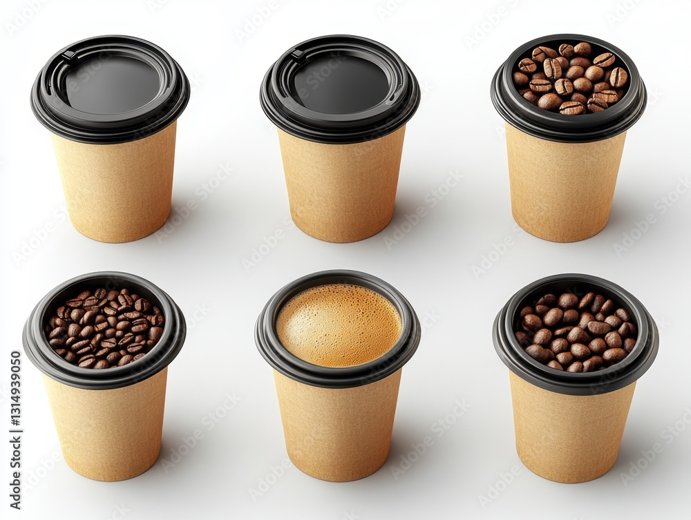 Poster assortment of coffee cups with lids and beans on a white background in a studio setting with soft li