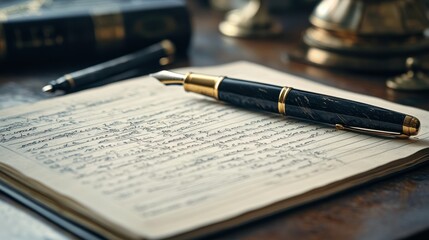 A vintage pen rests on a handwritten notebook, surrounded by classic decor, evoking a sense of nostalgia and creativity.