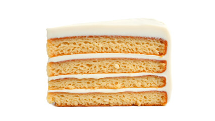 Fototapeta premium Layered vanilla cake slice with creamy frosting on a transparent background, perfect for dessert visuals, adding a touch of elegance and indulgence to your creative projects. 