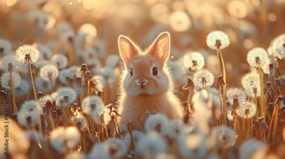 Aufkleber a fluffy rabbit sits amidst a field of dandelions, their white tufts glowing softly in the golden su