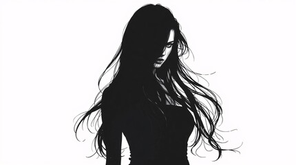 Naklejka premium Intricate Ink Drawing of a Woman's Silhouette with Flowing Hair