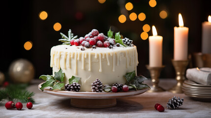 Elegant Christmas Cake with White Chocolate Drip and Berries