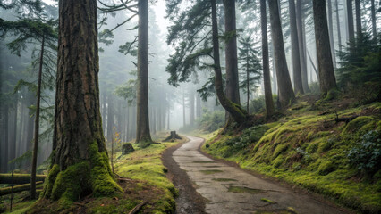 Obraz premium misty forest path winds beneath towering ancient trees, creating serene and tranquil atmosphere. lush greenery and soft light evoke sense of peace and connection with nature