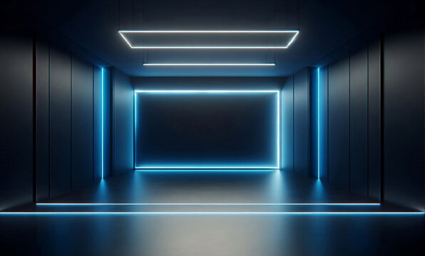 Ein halbdunkler, leerer Raum mit blauen Neon Spots von der Decke und einem dunklen Hintergrund