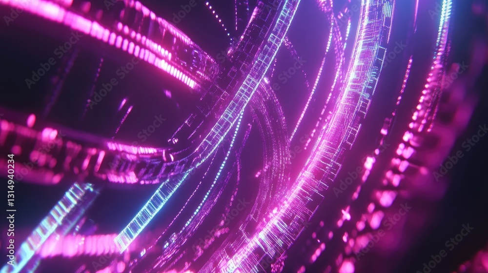 Poster digital communication network with futuristic glowing lines and data flow.
