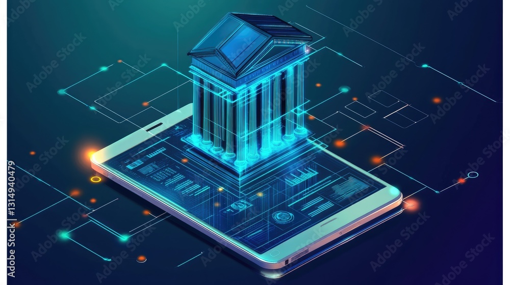 Poster digital finance networking with interconnected banking and investment systems.