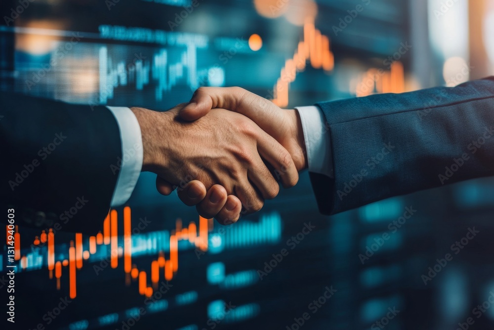 Poster a handshake symbolizes agreement in business. financial data visualization builds trust by highlight