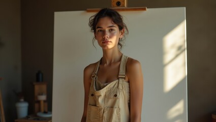 Fototapeta premium Young Woman in Beige Overalls Posing in Art Studio Sunlight Through Window
