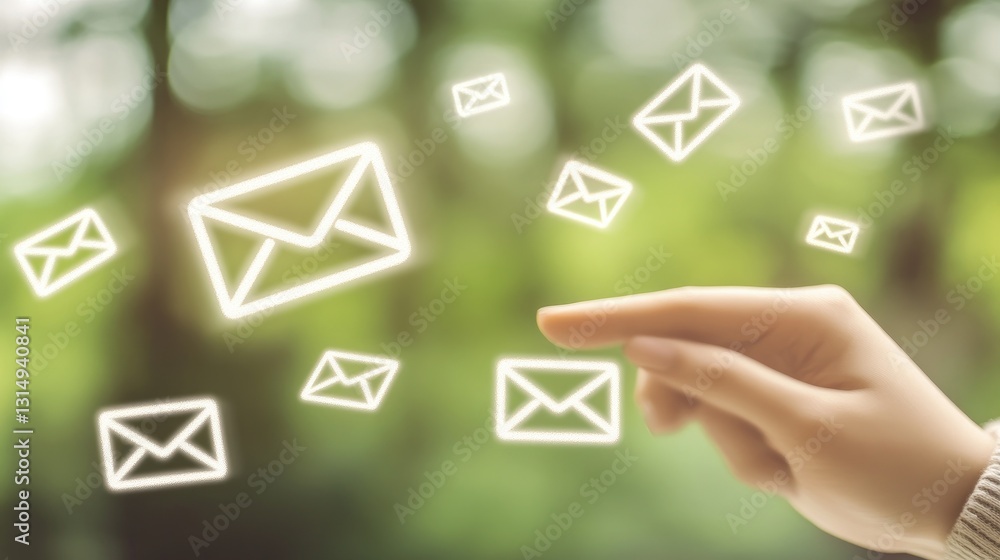 Poster digital mail icon hovering above a futuristic touch screen.