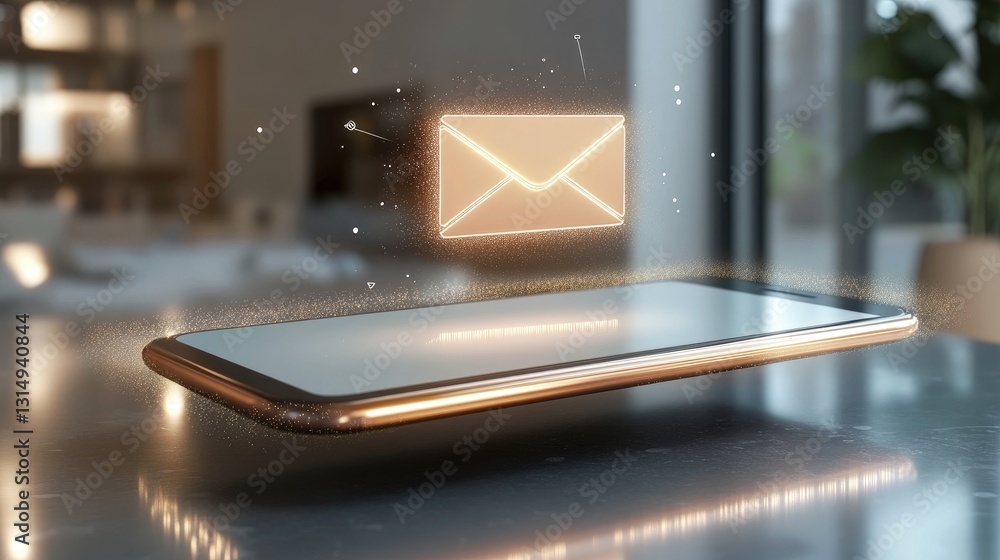 Poster digital mail icon hovering above a futuristic touch screen.