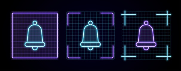 Bell illustration, cyber neon visual, glowing border grid vector.	