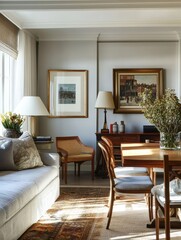 Fototapeta premium A dining area with a sofa rug and paintings very elegant