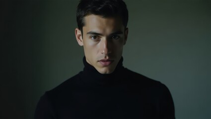 Fototapeta premium Young Man Serious Expression Black Turtleneck Portrait Studio Shot