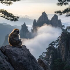 Monkey Observing Mountain Peaks Emerging From Foggy Landscape at Dawn