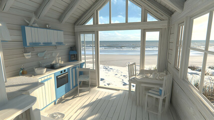 Fototapeta premium Coastal beach house kitchen interior, ocean view, sunny day, relaxing vacation