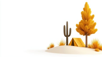 Low Poly Desert Camping Scene Yellow Tent, Cactus, and Autumn Tree