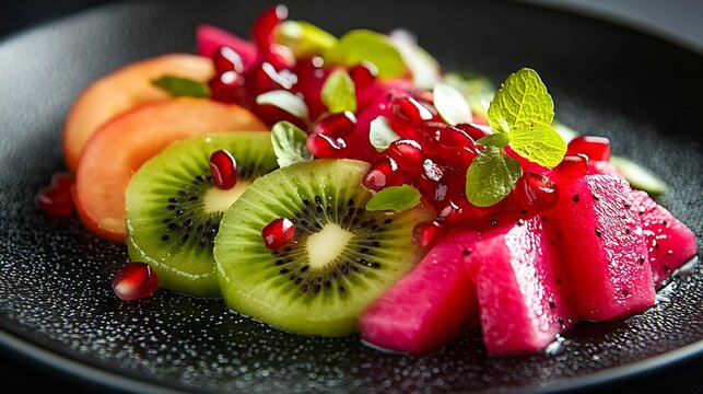 A gourmet fruit salad with magenta dragon fruit slices, emerald green kiwi, and ruby-red pomegranate seeds, plated artistically on a sleek matte black dish. The soft,