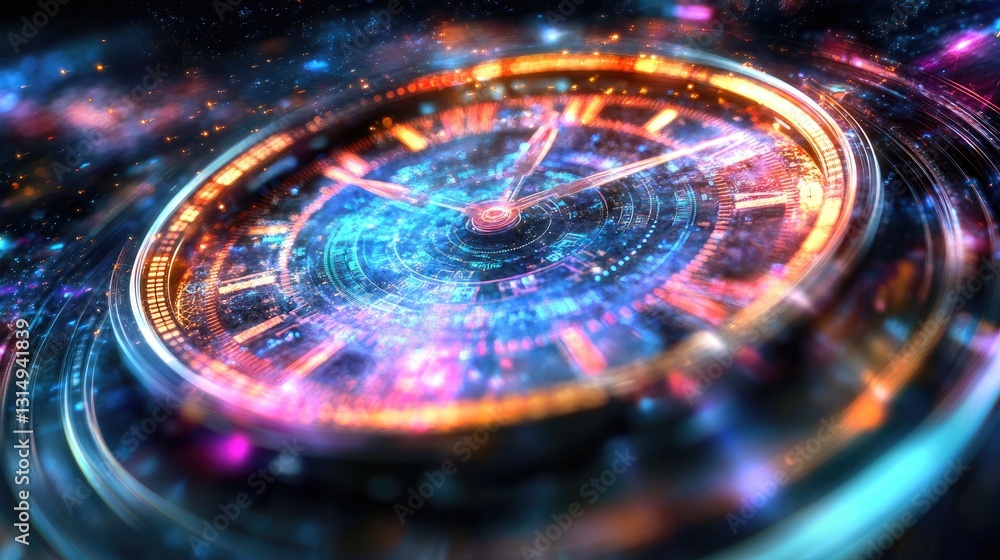 Poster digital time management concept with a holographic interface and productivity graphs.