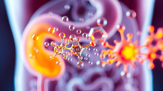 Digestive enzymes breaking down food in stomach, nutrient absorption, gastric digestion