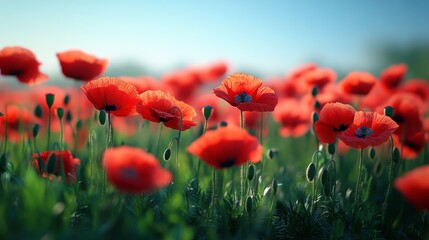 Obraz premium A vibrant field of red poppies swaying gently in the breeze under a clear blue sky, creating a picturesque and serene natural landscape.