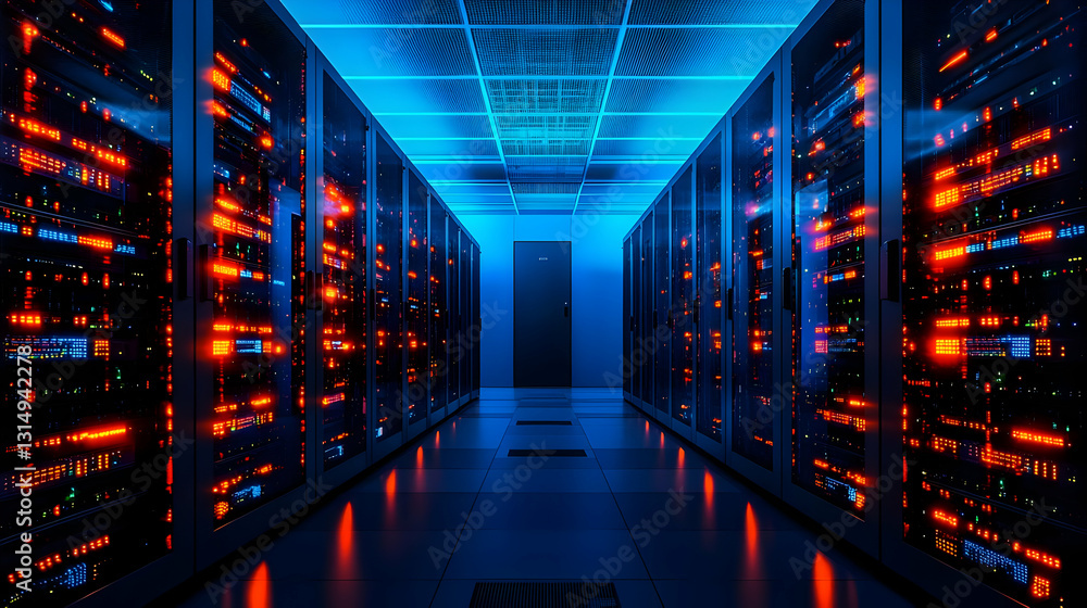 Poster dark data center with rows of servers and blue and red led lights modern technology futuristic desig