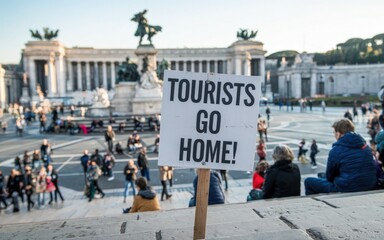 "Tourists Go Home! Sign in Lively Square with Statue Amidst Crowded Tourists"