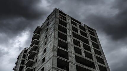 Fototapeta premium Dramatic view of an unfinished high-rise building under construction.