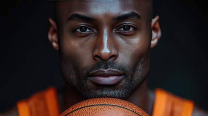 A muscular, bald African American man in a black basketball jersey holds a basketball in front of him.