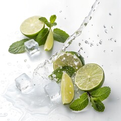 Water splash on white background with lime slices, mint leaves and ice cubes.