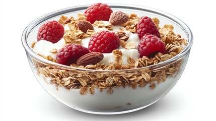 Healthy yogurt bowl with raspberries and granola.
