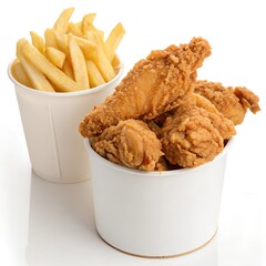 fried chicken in a pure white bucket with French fried in clean white background