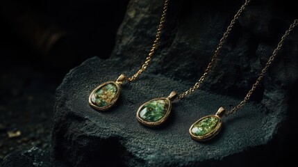 Fototapeta premium Elegant jewelry showcase: gold pendants on black
