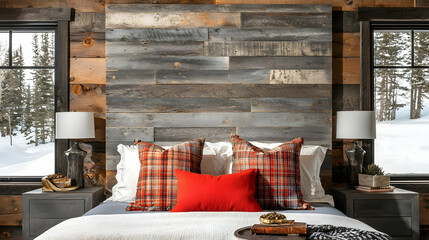 Cozy mountain bedroom with reclaimed wood wall, snowy view. Interior design inspiration for winter getaways