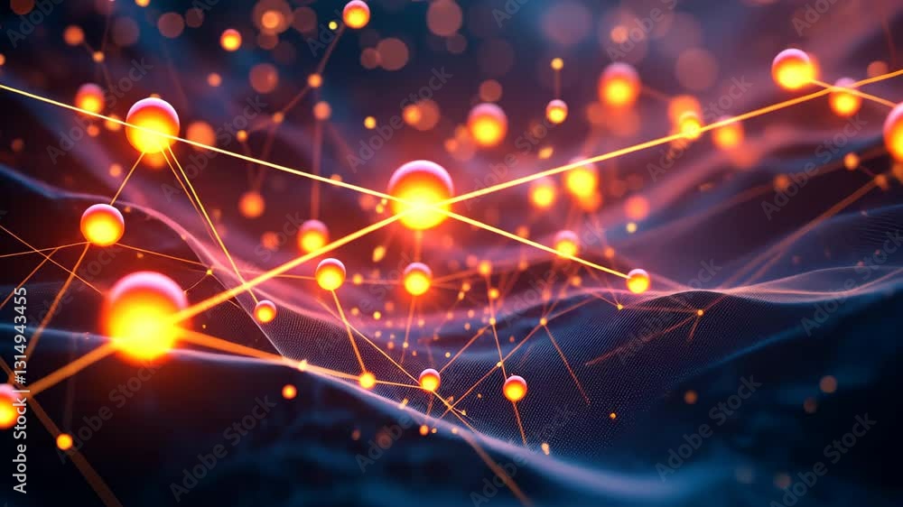 Poster abstract digital network with glowing orange orbs connected by luminous lines and bokeh effects.
