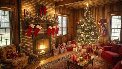 Cozy Christmas living room with wooden walls and festive decorations