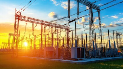 Electric grid substation with transformers and power lines.