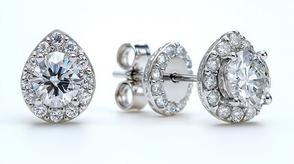 Elegant pearshaped diamond earrings with halo setting.  Sparkling brilliance and exquisite craftsmanship. Perfect for luxury fashion, jewelry websites, or engagement announcements.