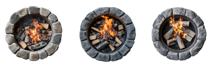 Top down view of an outdoor fire pit with rough stones isolated on a transparent background