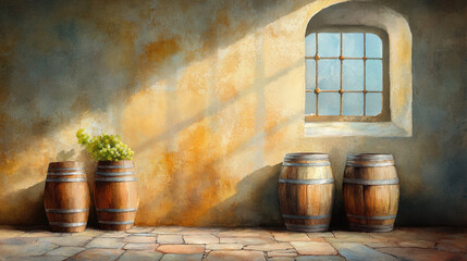 A traditional French winery featuring oak barrels and a scenic setting.