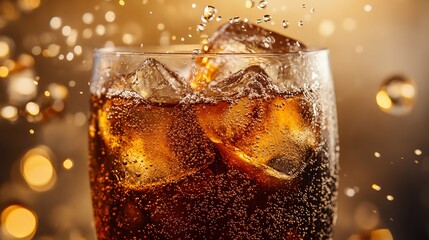 Refreshing beverage with ice and bubbles.