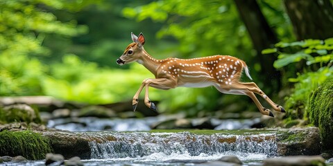 Obraz premium Bouncing deer in a forest stream nature photography lush green environment dynamic view