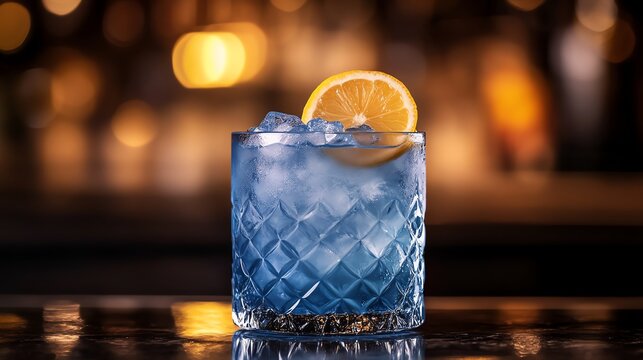 Refreshing blue cocktail with lemon slice.