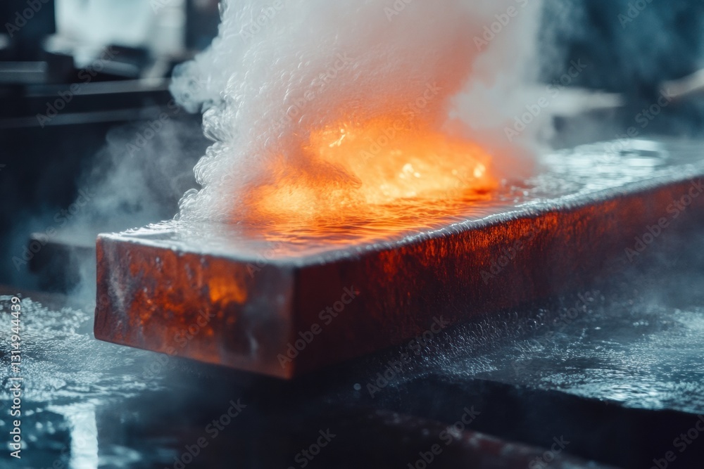 Poster red hot metal billets undergo tempering in workshop with steam clouds rising from water immersion