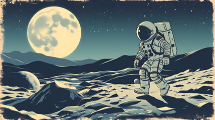 A vintage-style illustration of an astronaut first steps on the moon, with a dramatic lunar landscape and a clear starry sky.