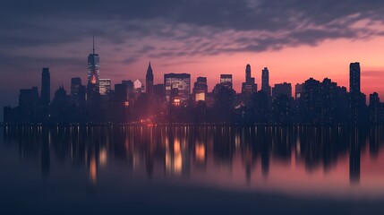 A serene city skyline at dusk, reflecting in calm water with a colorful sky.