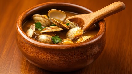 A wooden bowl filled with delicious clam chowder, garnished with fresh parsley.  A wooden spoon rests in the bowl.