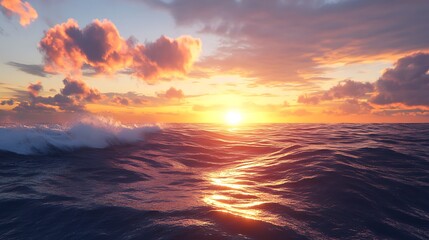 Obraz premium A serene sunset over the ocean with gentle waves and colorful clouds.