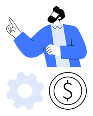 Man making a point with a gesture, gear for processes, and dollar sign for profit. Ideal for strategy, leadership, business growth, teamwork, management productivity finance. Flat simple metaphor