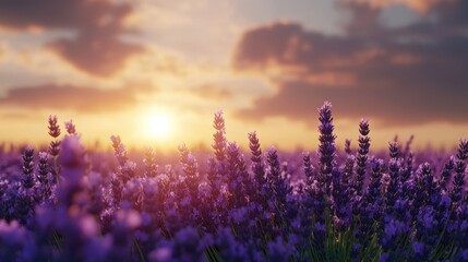 Field of lavender in full bloom under a soft purple-hued sunset.