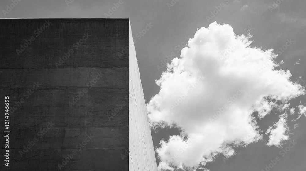 Poster A stark, concrete structure reaches skyward, its clean lines and sharp angles juxtaposed against a soft, billowy cloud. Sunshine enhances the dramatic interplay between hard edges and soft forms